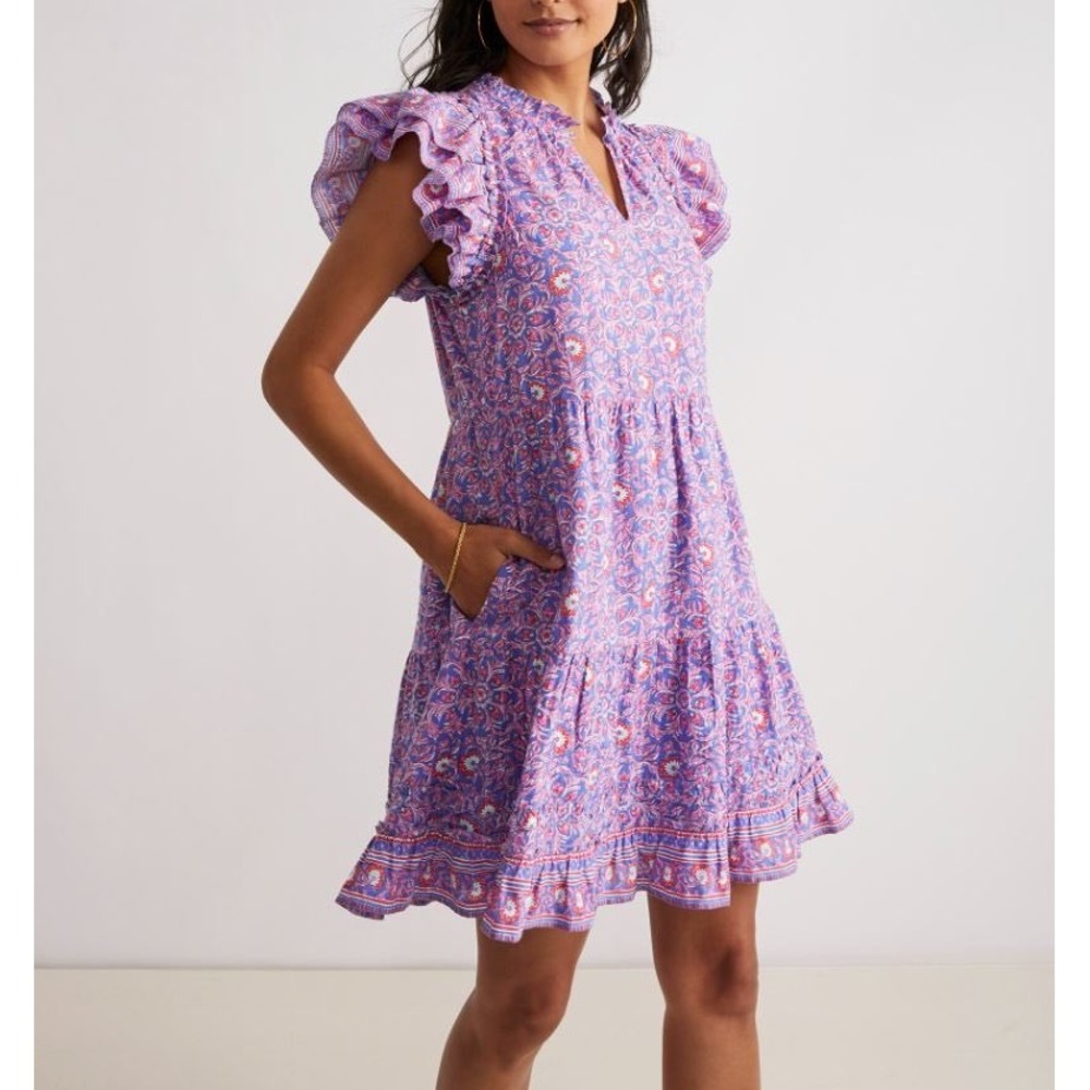 Vineyard Vines Katama Tile Tiered Ruffle Purple Paisley Flutter Sleeve Dress XL